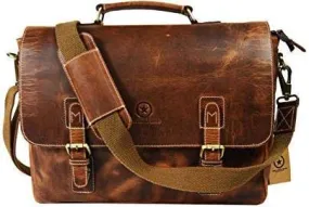 15.5 inch Leather Messenger Bag | Adjustable/Detachable Shoulder Strap | Multiple Compartments with