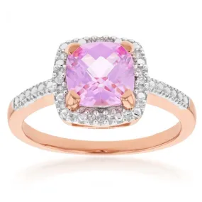 9ct Rose Gold Created Peach Sapphire and Diamond Accented Cushion Cut Ring