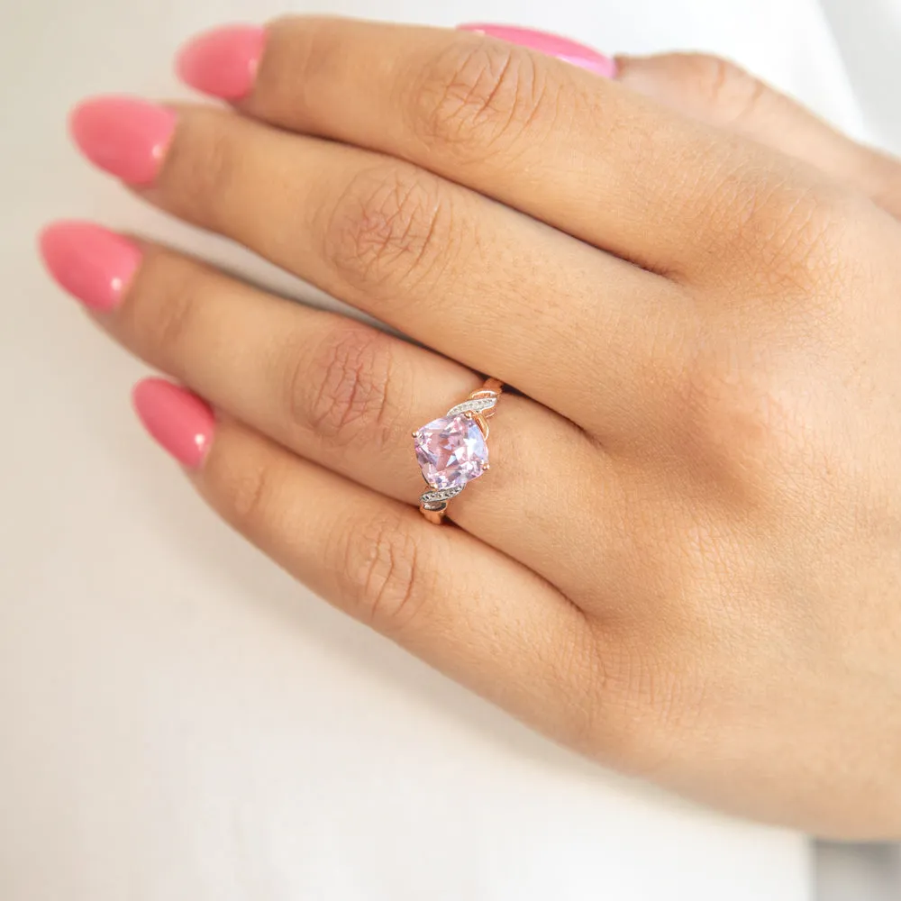 9ct Rose Gold Created Peach Sapphire and Diamond Cushion Cut  Ring