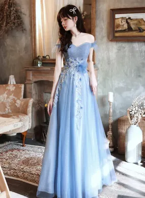 A-line Blue Off Shoulder with Lace Long Evening Dress Long Prom Dress