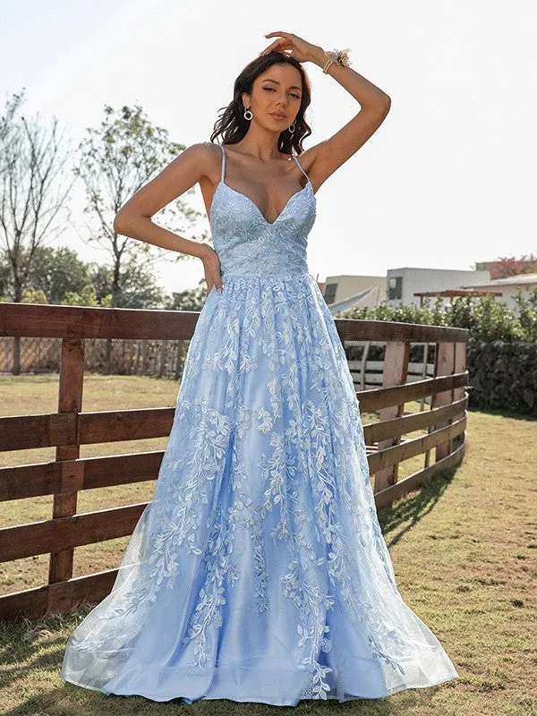 A Line Blue Tulle V Neck Backless Lace Appliques Prom Dresses Simple Evening Dresses