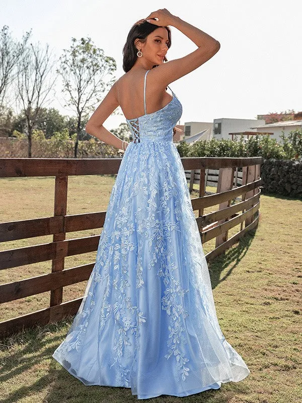 A Line Blue Tulle V Neck Backless Lace Appliques Prom Dresses Simple Evening Dresses