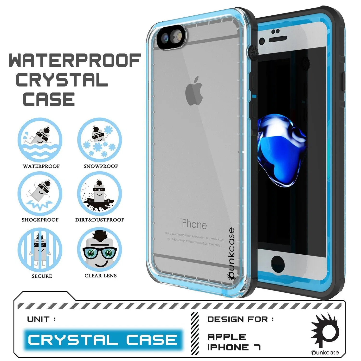 Apple iPhone 8 Waterproof Case, PUNKcase CRYSTAL Light Blue  W/ Attached Screen Protector  | Warranty