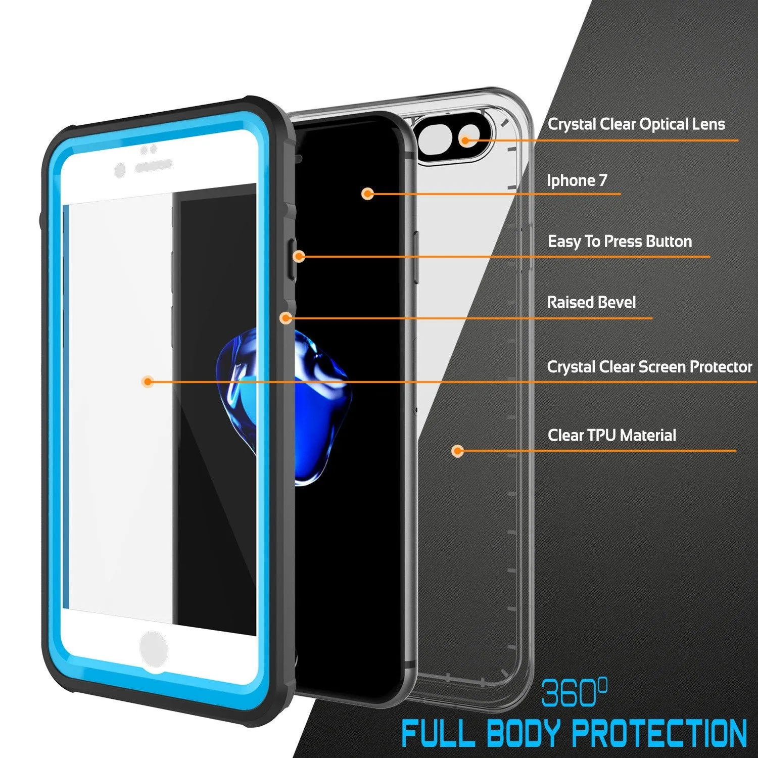 Apple iPhone 8 Waterproof Case, PUNKcase CRYSTAL Light Blue  W/ Attached Screen Protector  | Warranty