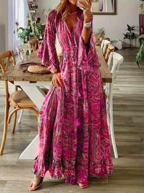 BerryBetty - Bohemian Pink Paisley Flowing Sleeves Maxi Dress