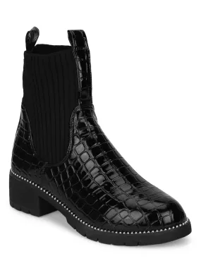 Black Croc Patent Studded Sock Ankle Boots