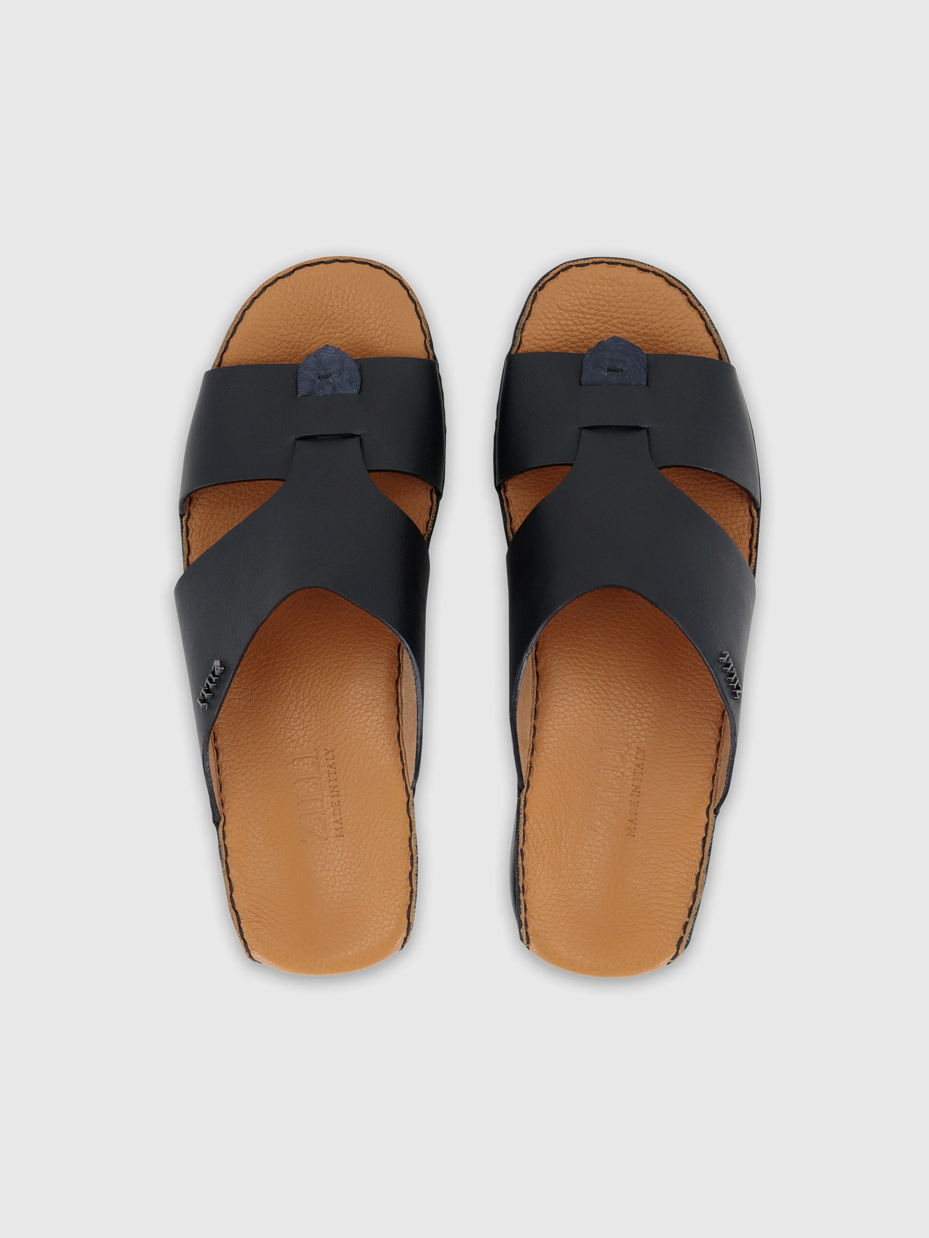 Calfskin Sandals with Caiman Details Dark Navy