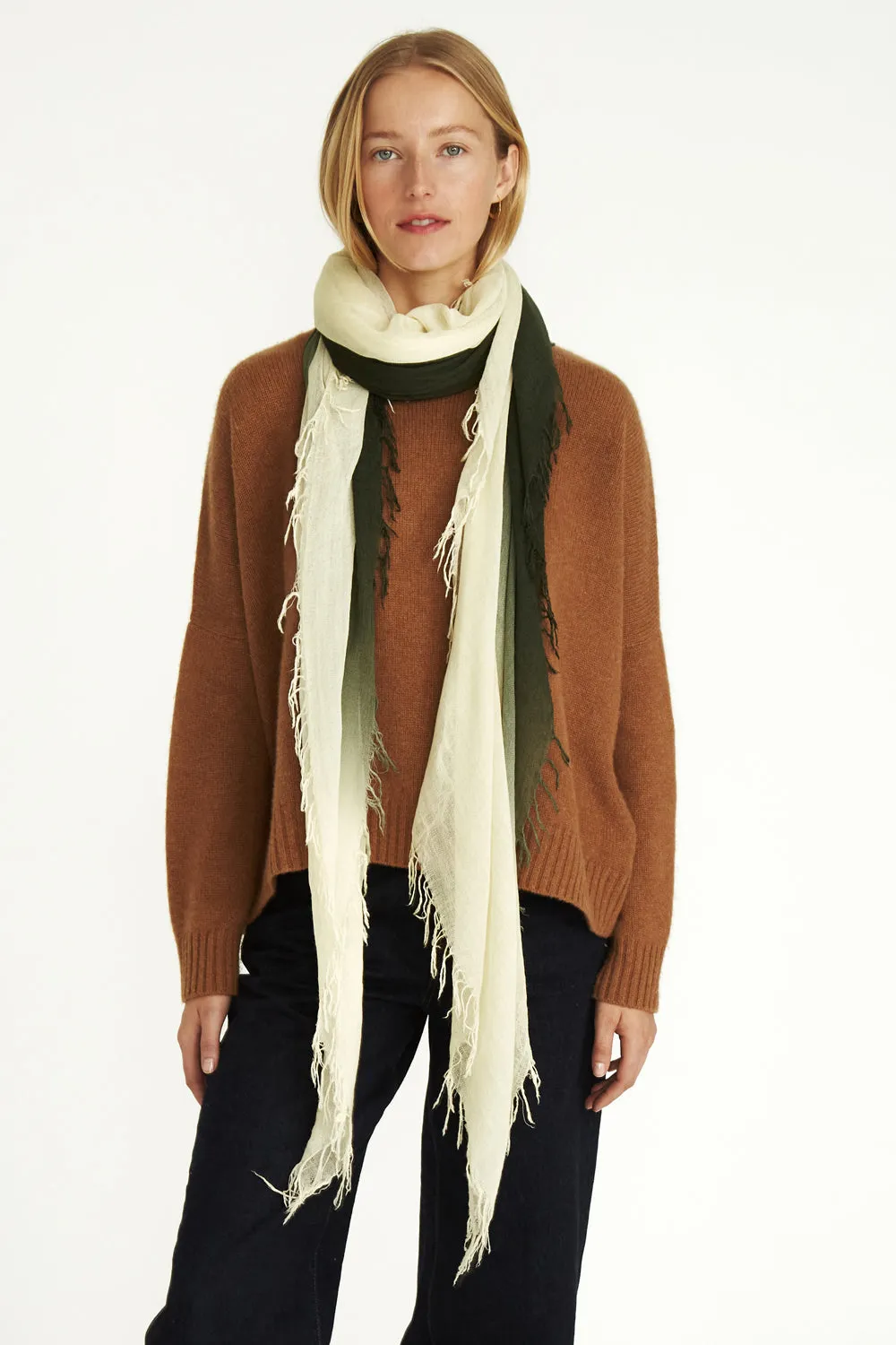 Cashmere and Silk Scarf Kombu Green Dip Dyed