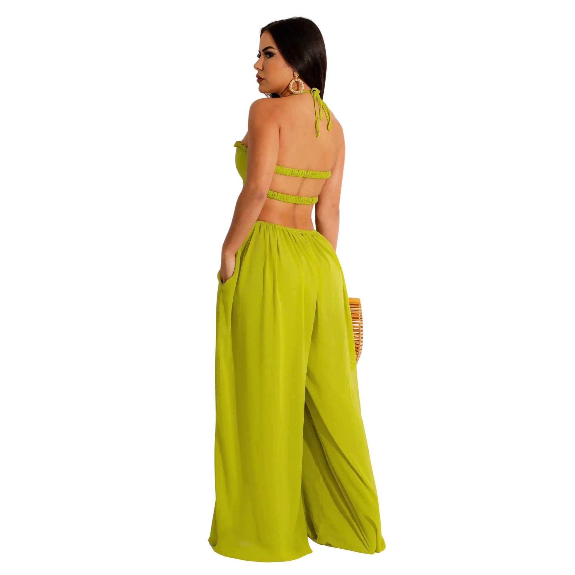 Chiffon Chest-wrapped Bare Back Wide-leg Jumpsuit