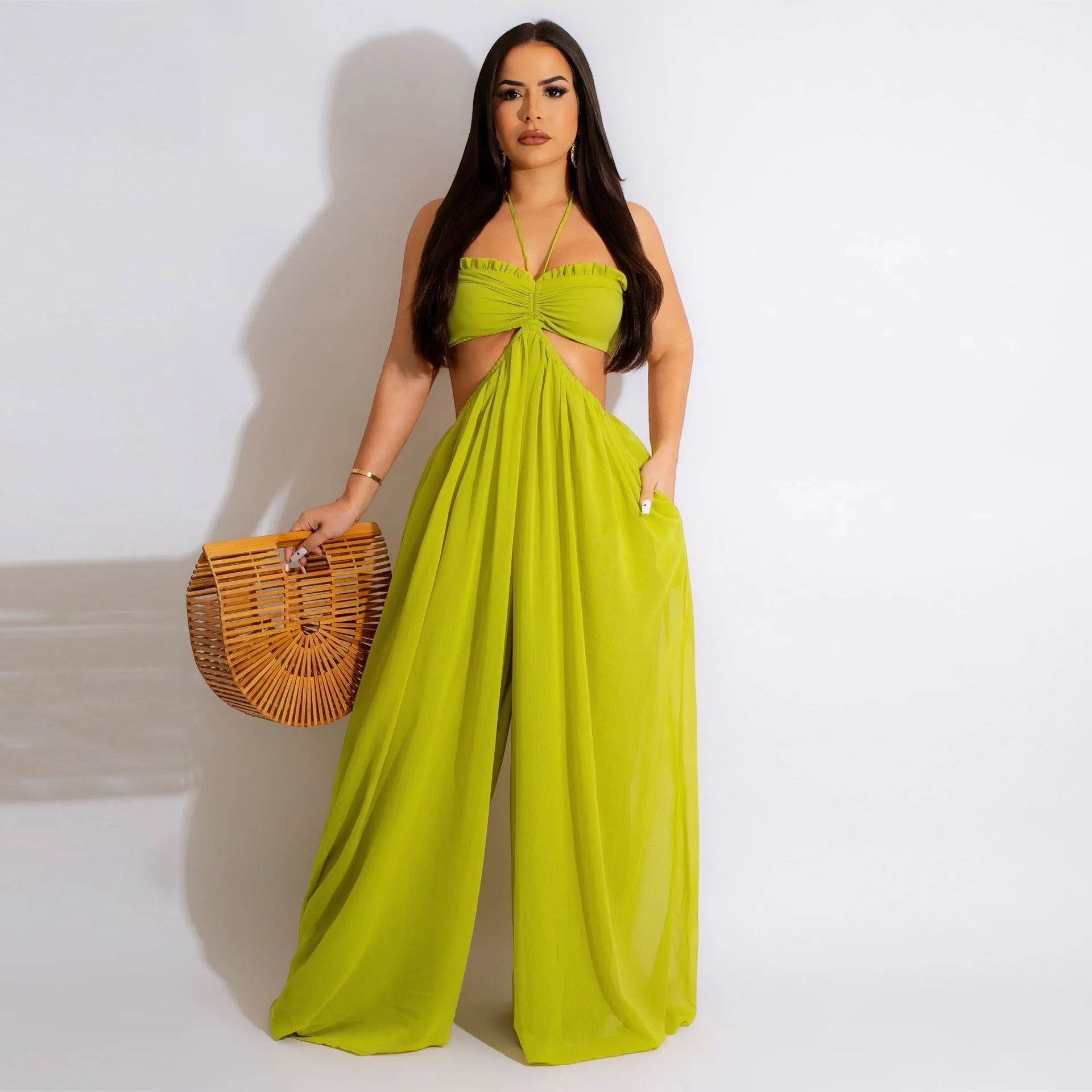 Chiffon Chest-wrapped Bare Back Wide-leg Jumpsuit