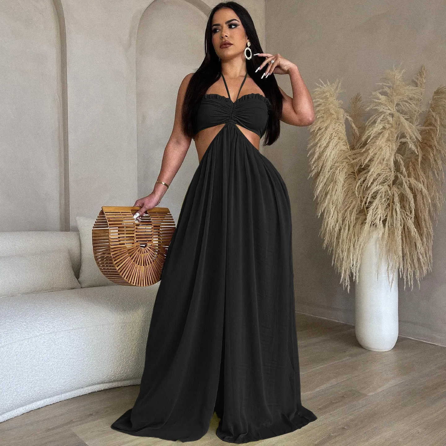 Chiffon Chest-wrapped Bare Back Wide-leg Jumpsuit