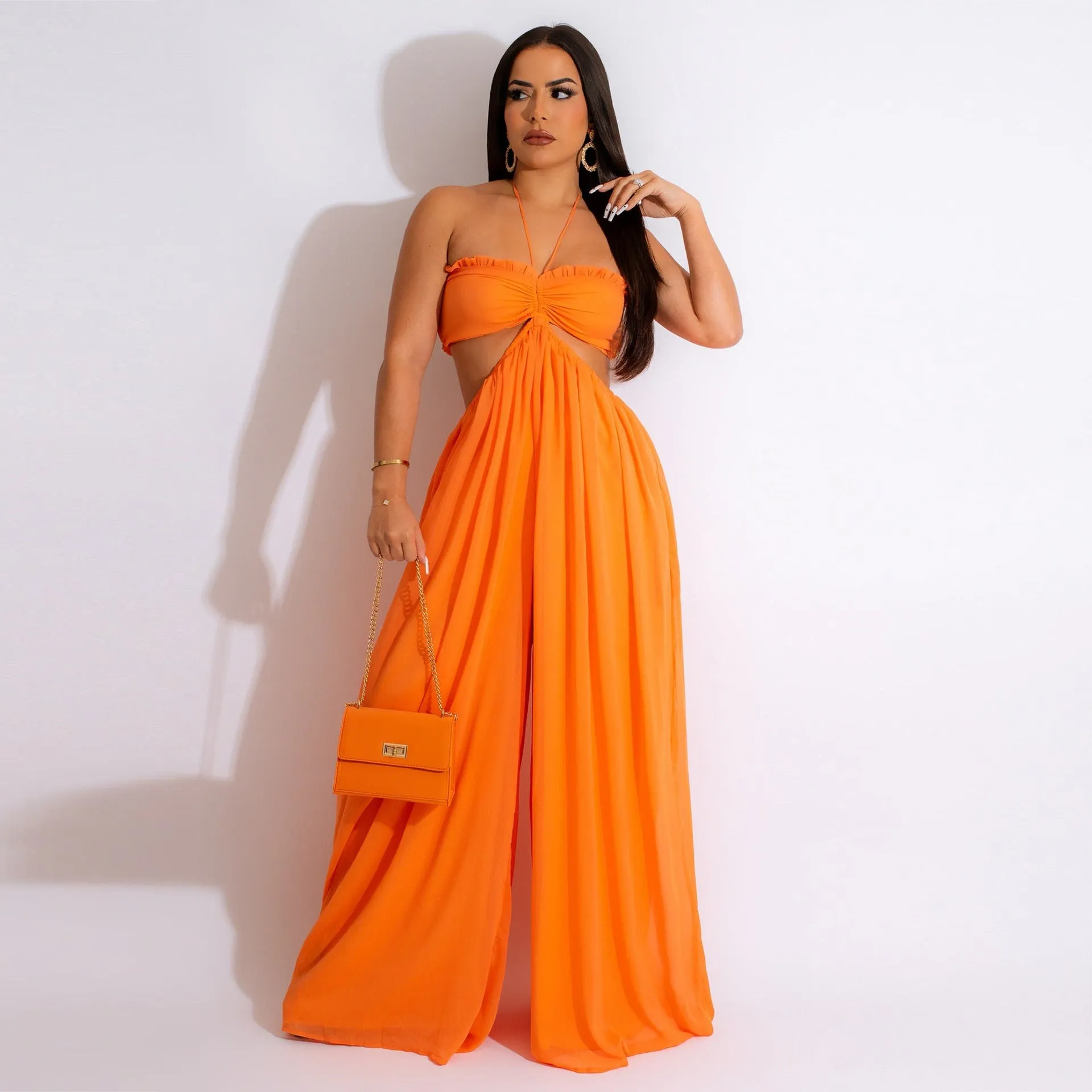 Chiffon Chest-wrapped Bare Back Wide-leg Jumpsuit