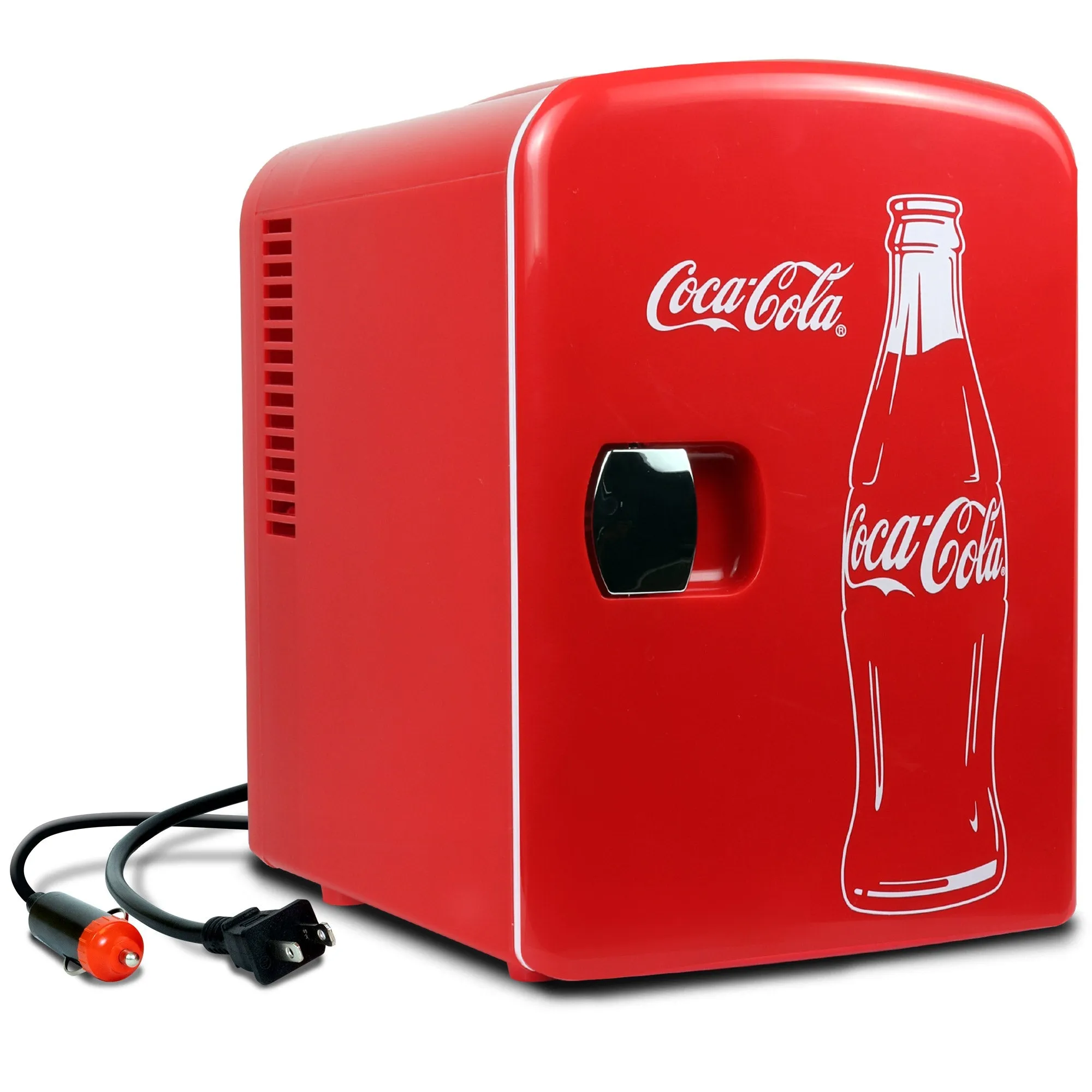 Coca-Cola Classic Coke Bottle 4L Mini Fridge w/ 12V DC and 110V AC Cords, 6 Can Portable Cooler, Personal Travel Refrigerator for Snacks Lunch Drinks Cosmetics, Desk Home Office Dorm, Red