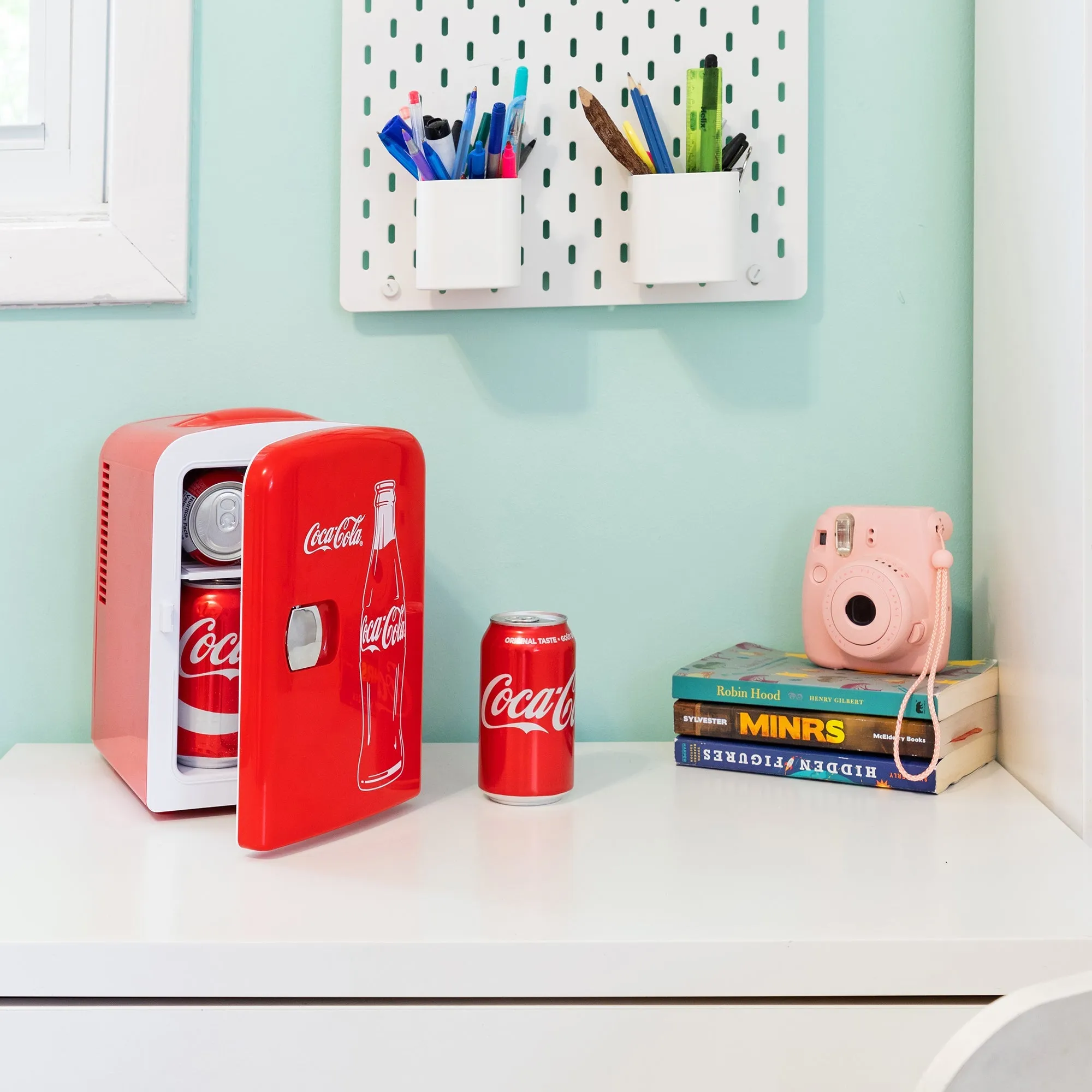 Coca-Cola Classic Coke Bottle 4L Mini Fridge w/ 12V DC and 110V AC Cords, 6 Can Portable Cooler, Personal Travel Refrigerator for Snacks Lunch Drinks Cosmetics, Desk Home Office Dorm, Red