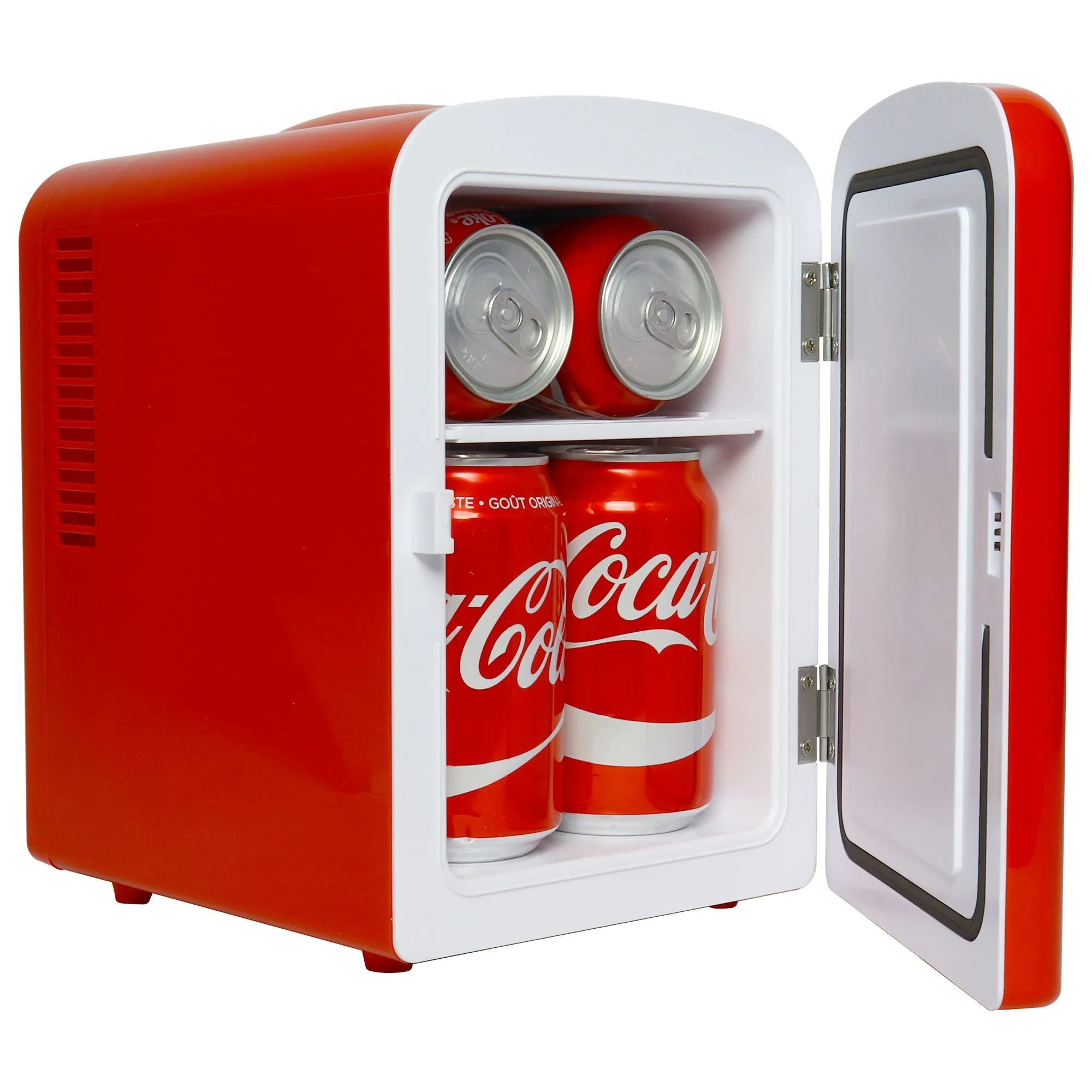 Coca-Cola Classic Coke Bottle 4L Mini Fridge w/ 12V DC and 110V AC Cords, 6 Can Portable Cooler, Personal Travel Refrigerator for Snacks Lunch Drinks Cosmetics, Desk Home Office Dorm, Red