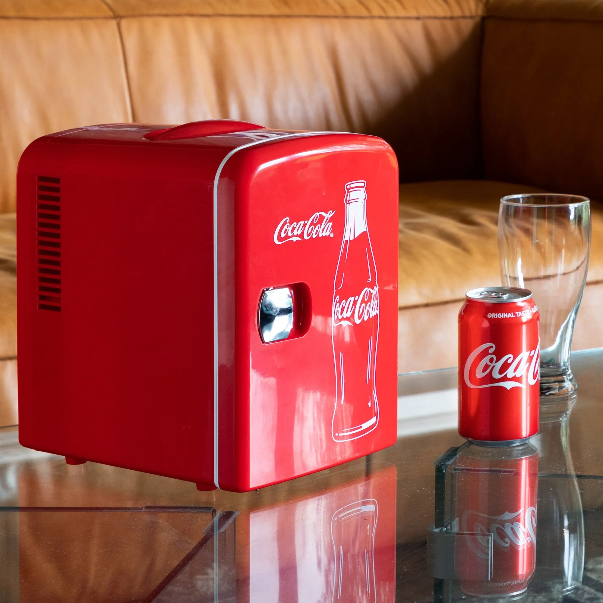 Coca-Cola Classic Coke Bottle 4L Mini Fridge w/ 12V DC and 110V AC Cords, 6 Can Portable Cooler, Personal Travel Refrigerator for Snacks Lunch Drinks Cosmetics, Desk Home Office Dorm, Red