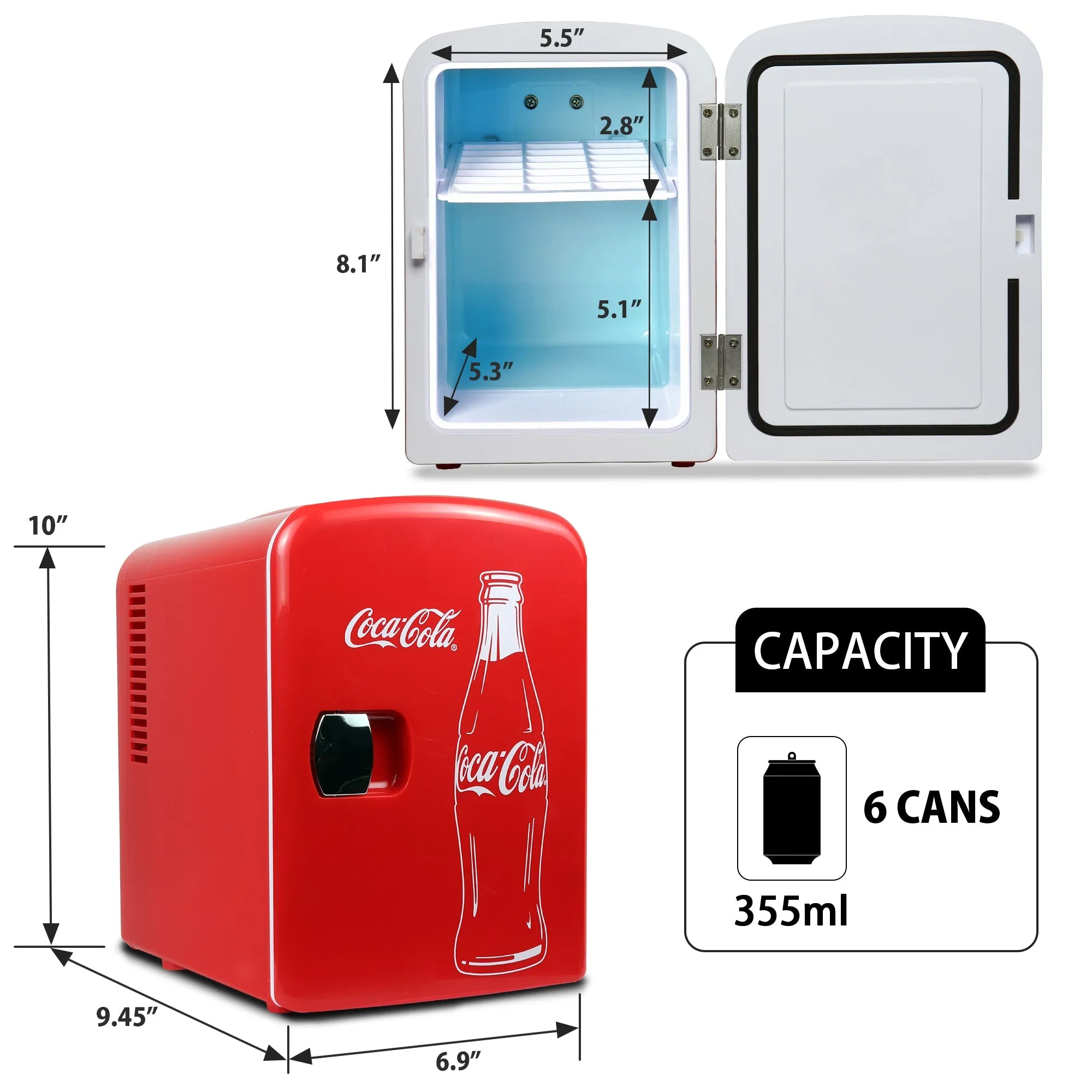 Coca-Cola Classic Coke Bottle 4L Mini Fridge w/ 12V DC and 110V AC Cords, 6 Can Portable Cooler, Personal Travel Refrigerator for Snacks Lunch Drinks Cosmetics, Desk Home Office Dorm, Red