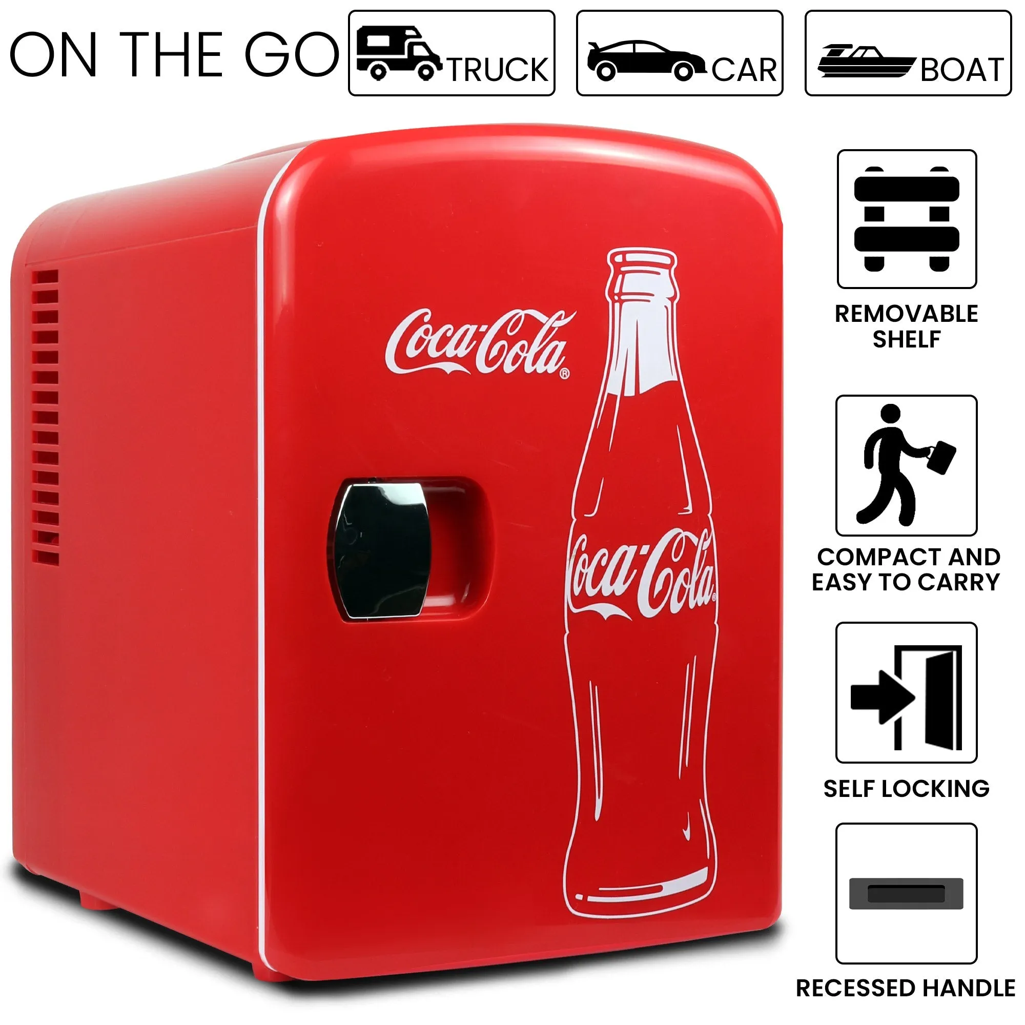 Coca-Cola Classic Coke Bottle 4L Mini Fridge w/ 12V DC and 110V AC Cords, 6 Can Portable Cooler, Personal Travel Refrigerator for Snacks Lunch Drinks Cosmetics, Desk Home Office Dorm, Red