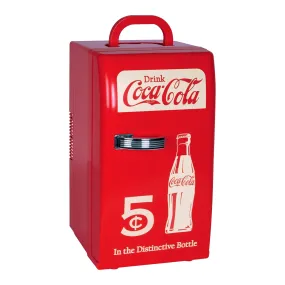 Coca-Cola Retro 18 Can Mini Fridge w/ 12V DC and 110V AC Cords, 22L (23 qt), Portable Cooler, Red, Travel Fridge for Drinks, Snacks, Lunch, Home, Office, Dorm Room, RV