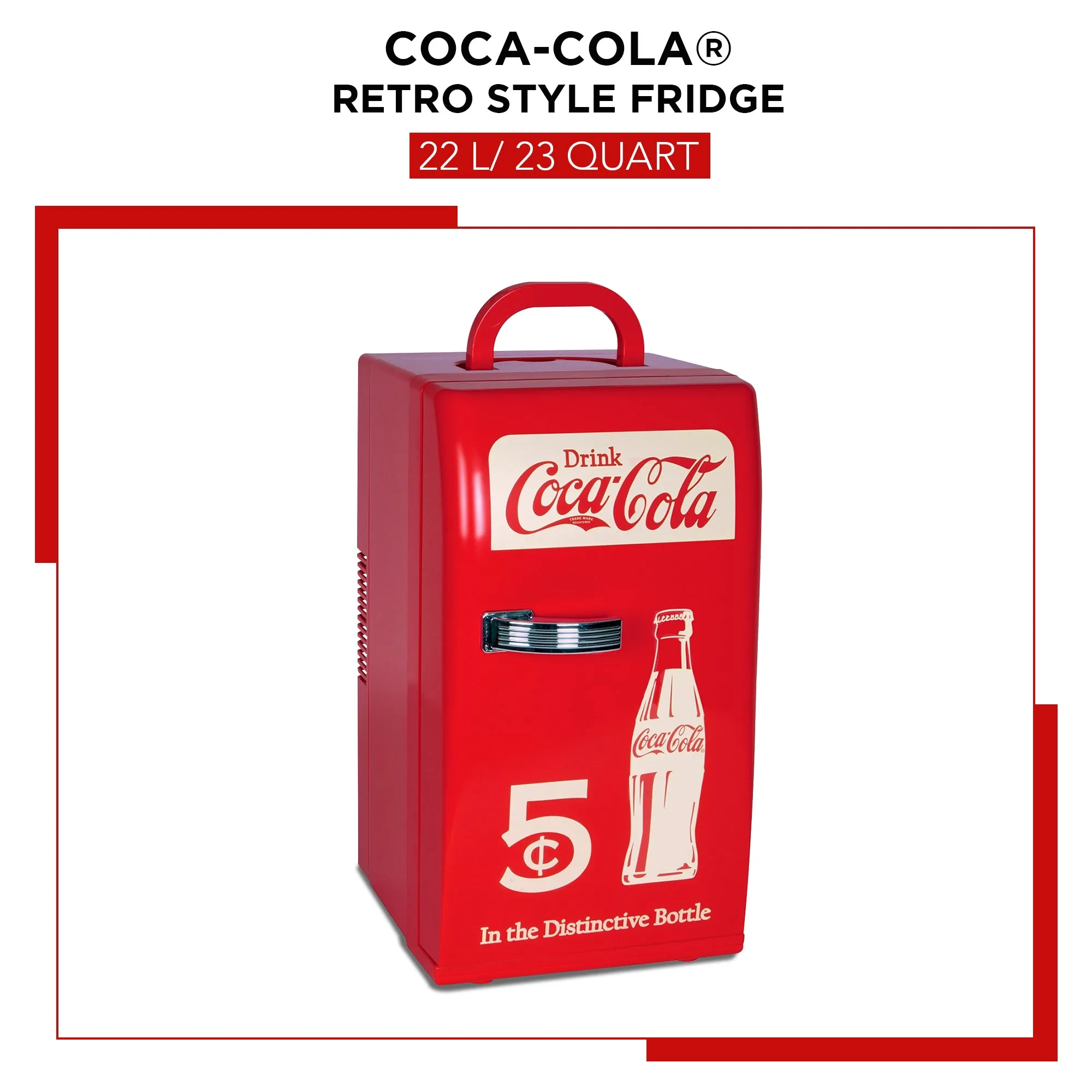 Coca-Cola Retro 18 Can Mini Fridge w/ 12V DC and 110V AC Cords, 22L (23 qt), Portable Cooler, Red, Travel Fridge for Drinks, Snacks, Lunch, Home, Office, Dorm Room, RV