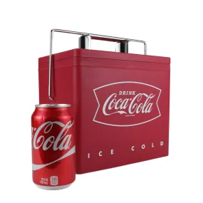 Coca-Cola Retro Ice Chest Style Electric Cooler w/ 12V DC and 110V AC Cords, 6 Can Mini Fridge, 4L (4.2 qt) Portable Travel Fridge, Red and Silver, for Snacks Lunch Drinks Home Office Dorm