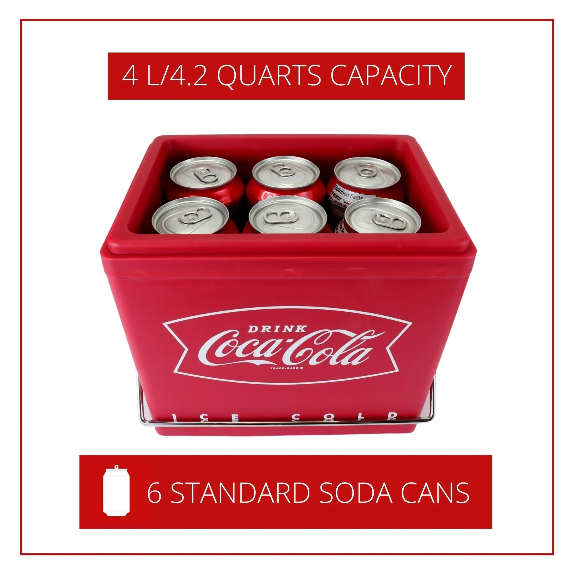 Coca-Cola Retro Ice Chest Style Electric Cooler w/ 12V DC and 110V AC Cords, 6 Can Mini Fridge, 4L (4.2 qt) Portable Travel Fridge, Red and Silver, for Snacks Lunch Drinks Home Office Dorm