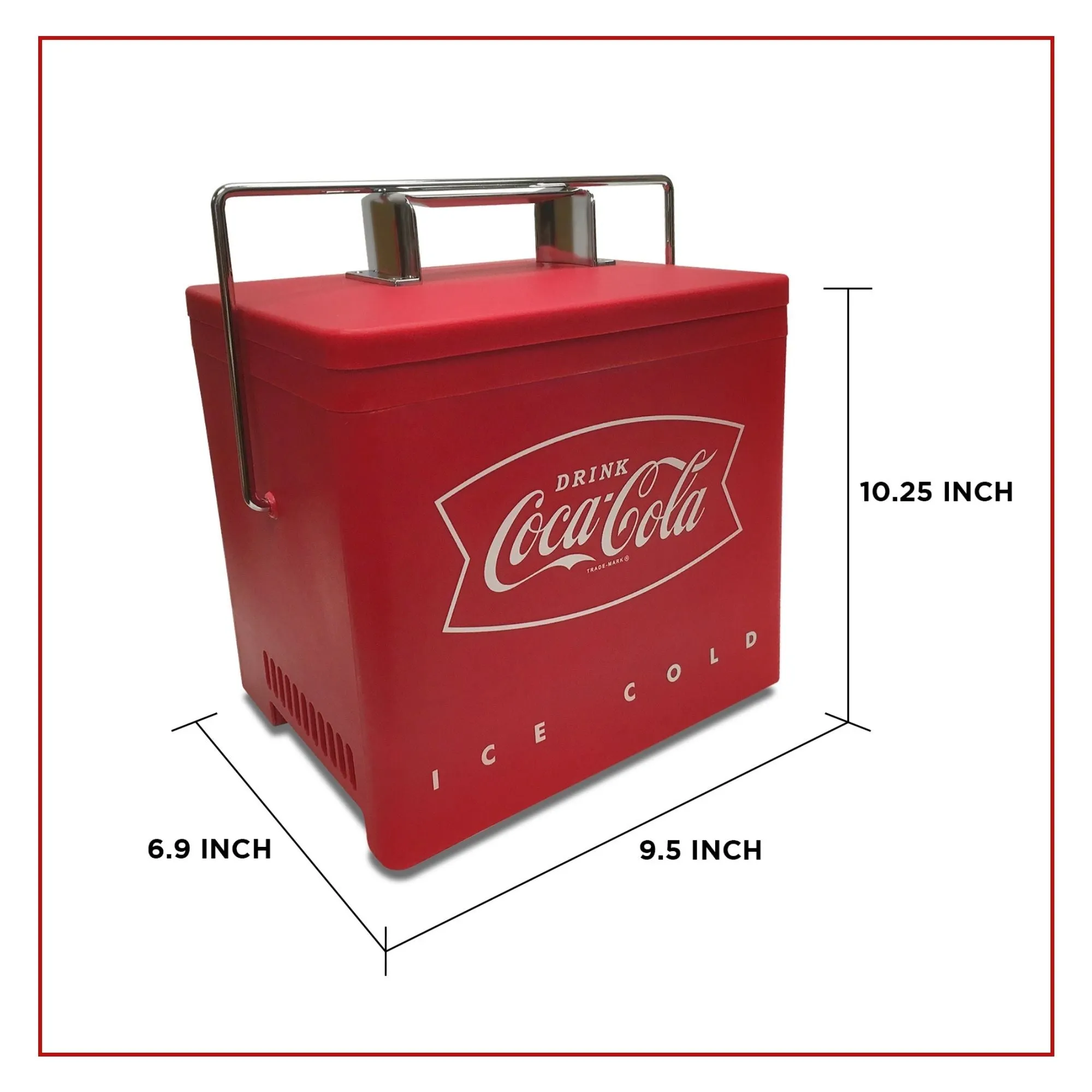 Coca-Cola Retro Ice Chest Style Electric Cooler w/ 12V DC and 110V AC Cords, 6 Can Mini Fridge, 4L (4.2 qt) Portable Travel Fridge, Red and Silver, for Snacks Lunch Drinks Home Office Dorm