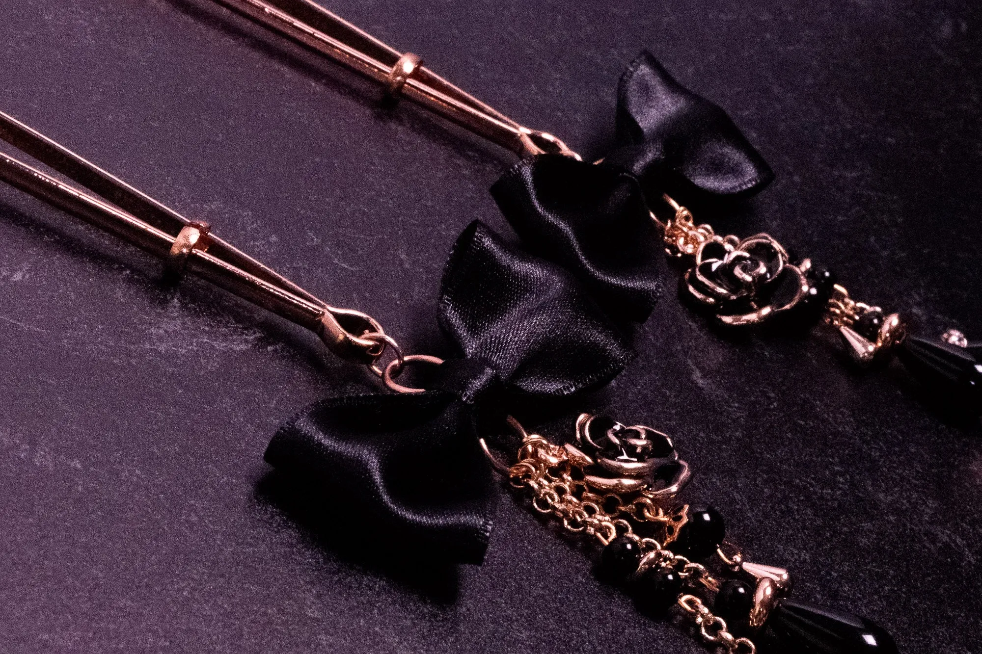 Deluxe Black Bow Tweezer Nipple Clamps in Rose Gold