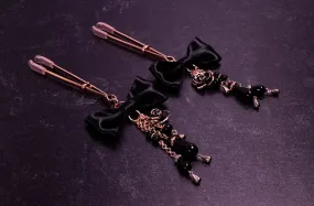 Deluxe Black Bow Tweezer Nipple Clamps in Rose Gold