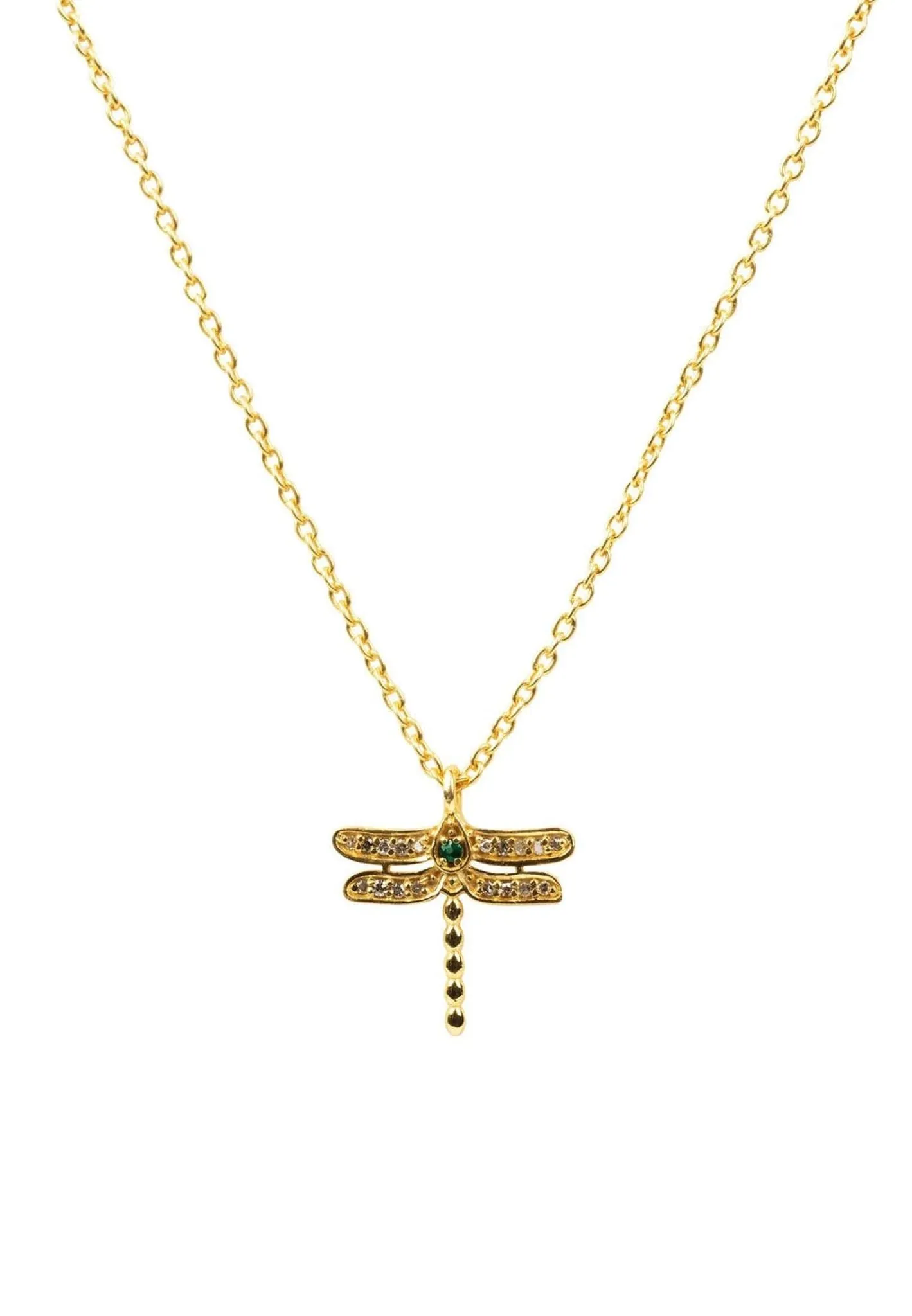 Diamond & Emerald Dragonfly Necklace Gold