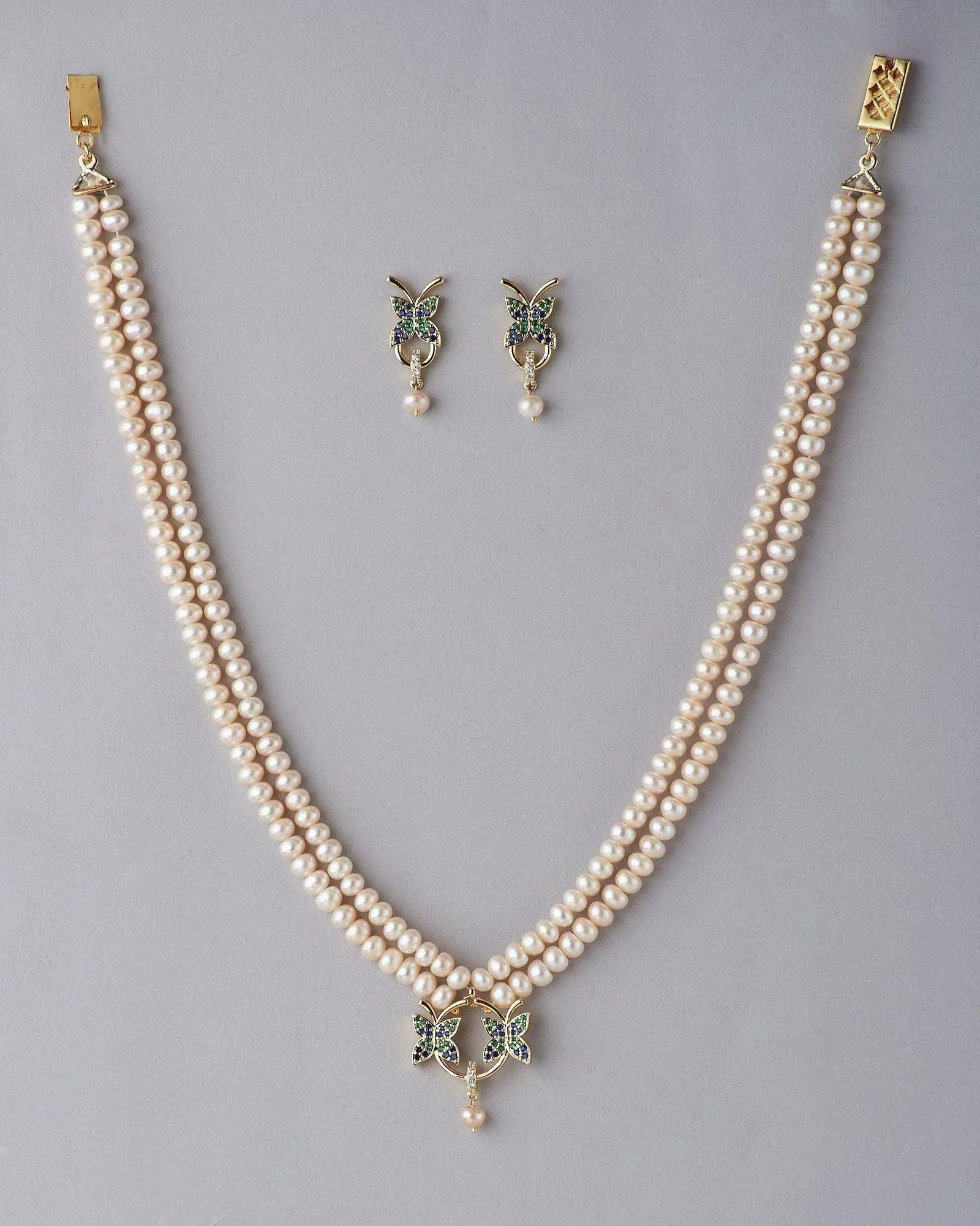 Double String Warm White Pearl Necklace Set