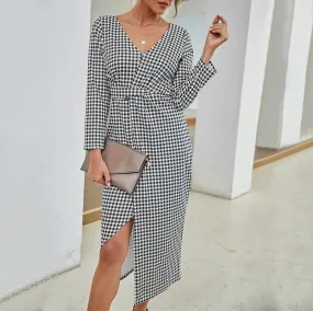 DressBetty - Women Gingham Dress Linen-blend Checkered V-neck Tie Waist Wrap Side Split Midi Dress Autumn Party Dresses Clothing