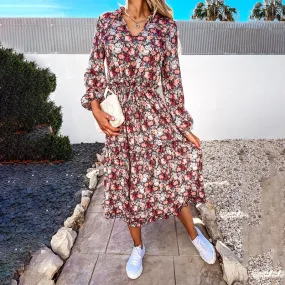 Floral Print Casual Beach V-Neck Classic Elegant Long Sleeve Shirt Dresse