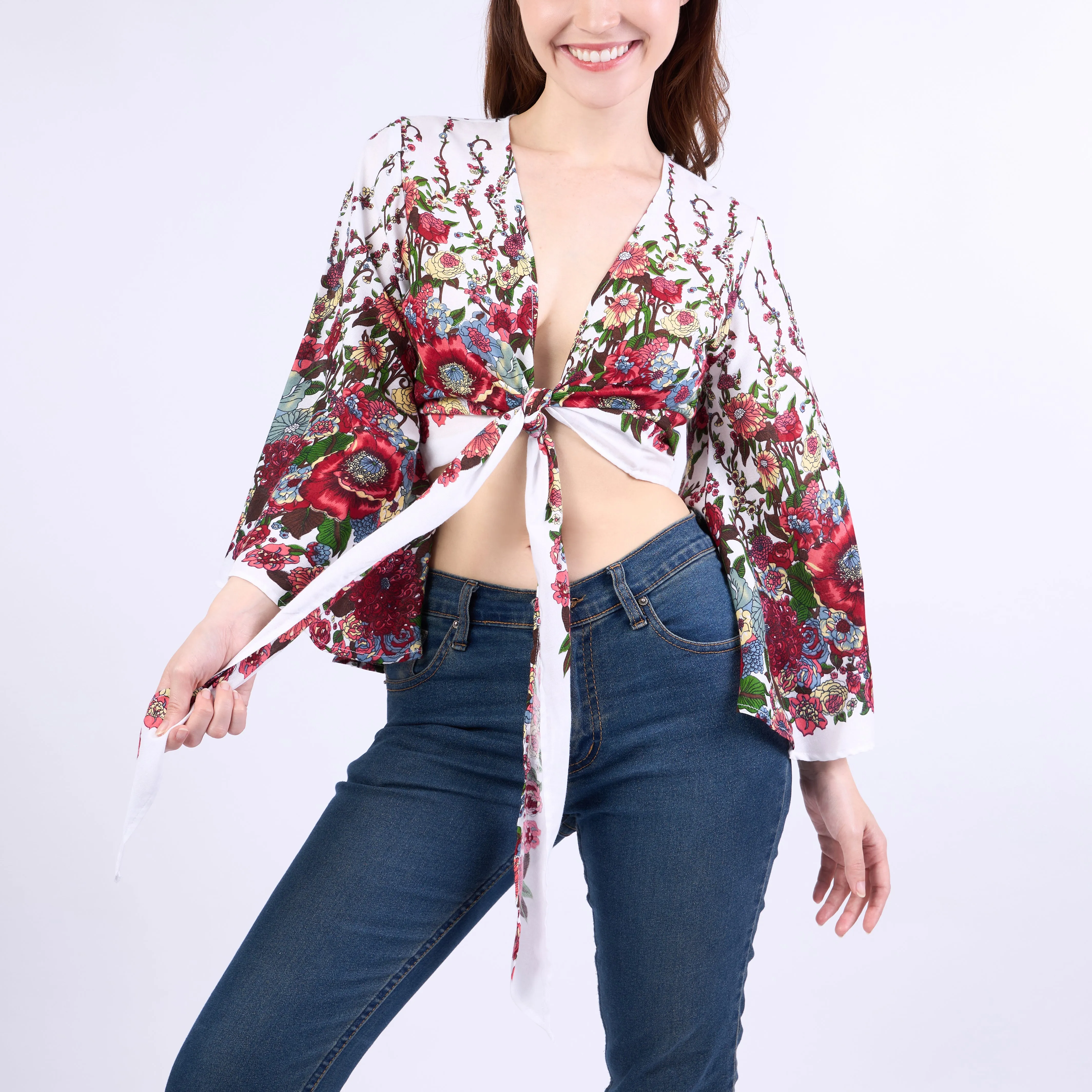 Flower Women Boho Wrap Top - Casual Shirt - White