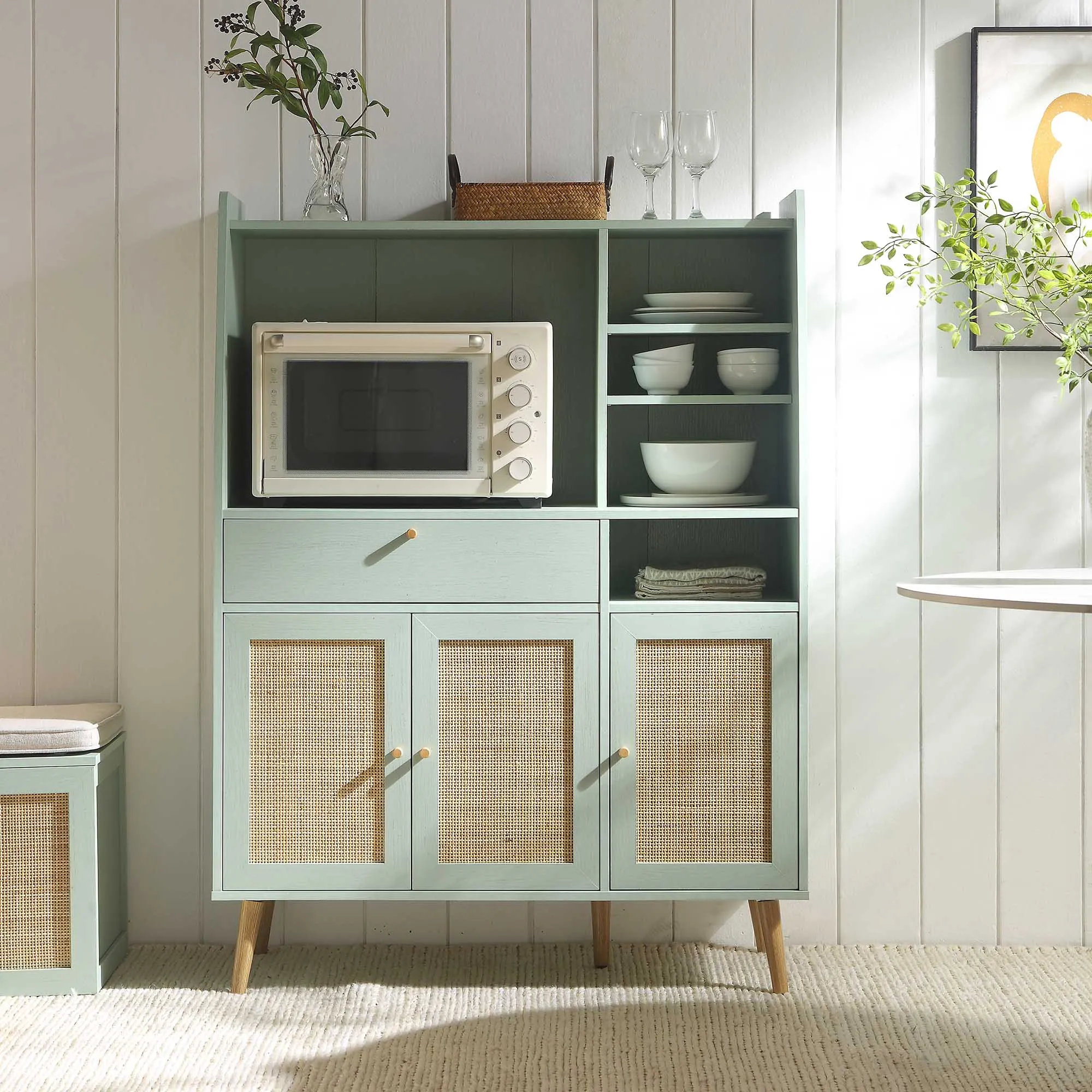 Frances Woven Rattan Kitchen Cabinet, Mint