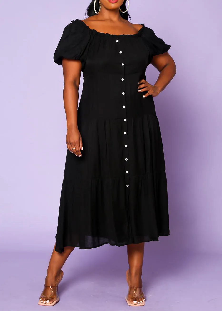 Hi Curvy Plus Size Women Off the Shoulder Button Down Flare Dress