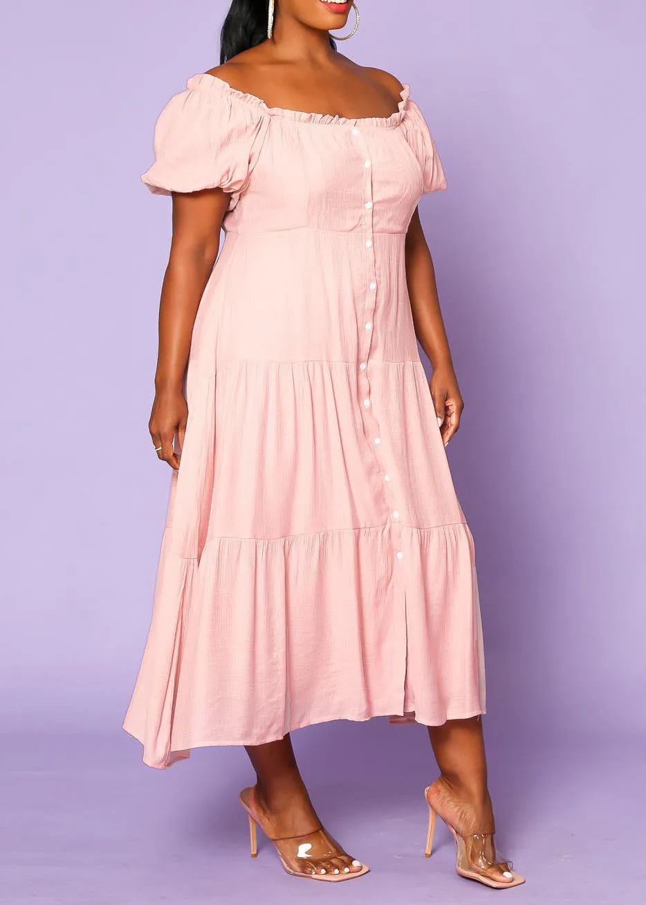 Hi Curvy Plus Size Women Off the Shoulder Button Down Flare Dress