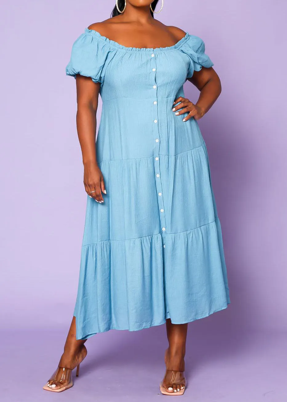 Hi Curvy Plus Size Women Off the Shoulder Button Down Flare Dress