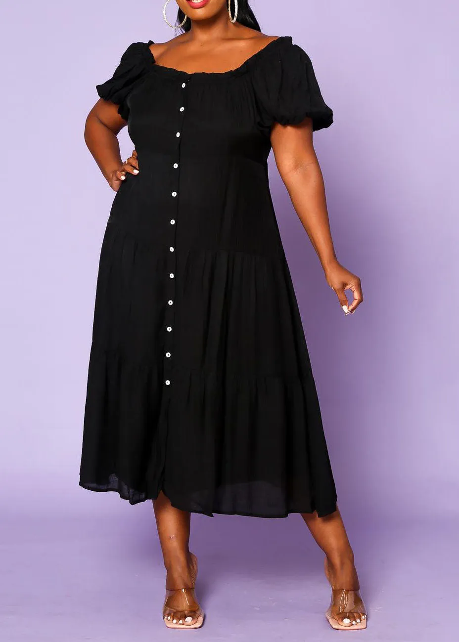 Hi Curvy Plus Size Women Off the Shoulder Button Down Flare Dress