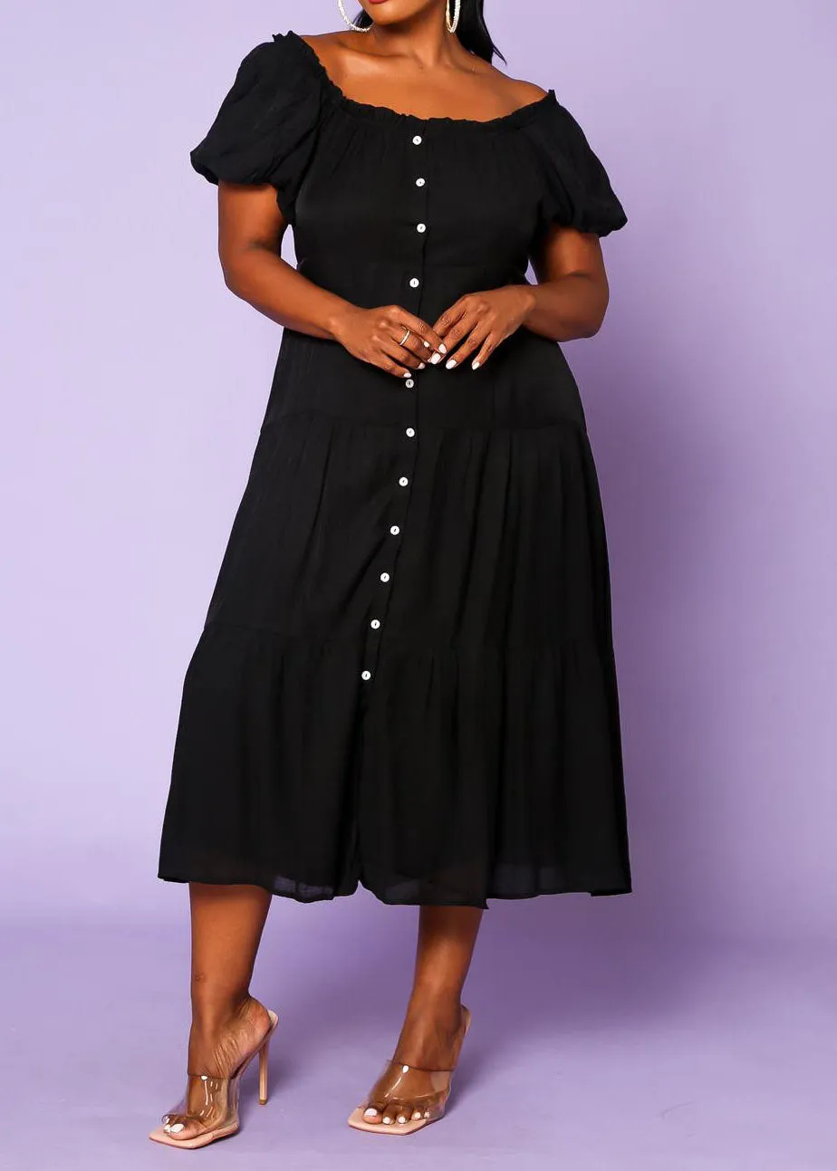 Hi Curvy Plus Size Women Off the Shoulder Button Down Flare Dress