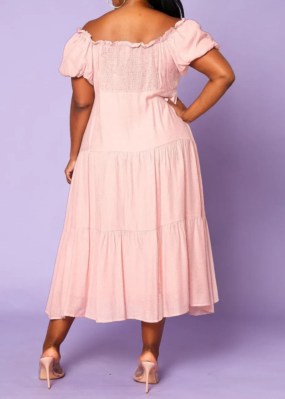 Hi Curvy Plus Size Women Off the Shoulder Button Down Flare Dress