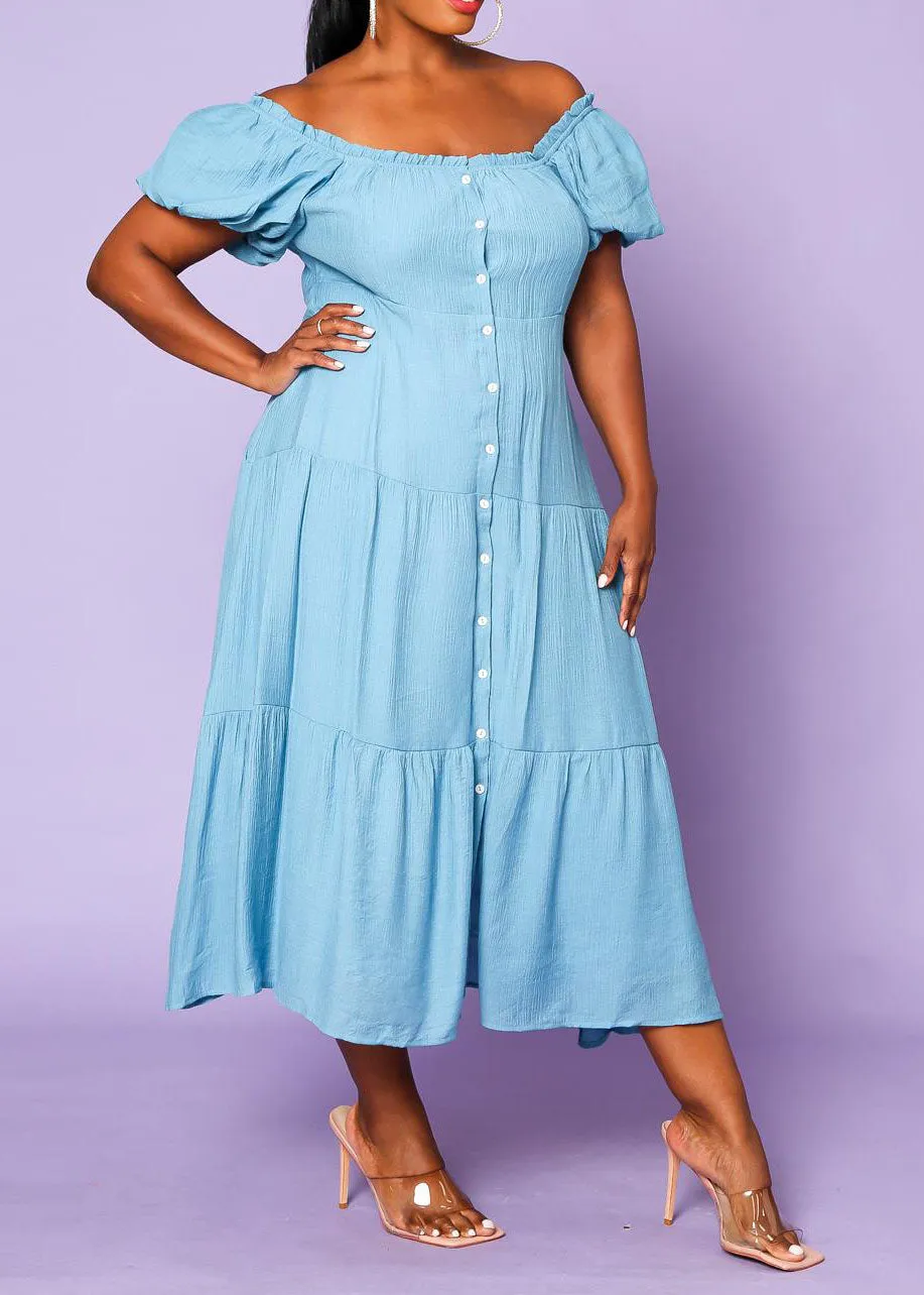 Hi Curvy Plus Size Women Off the Shoulder Button Down Flare Dress