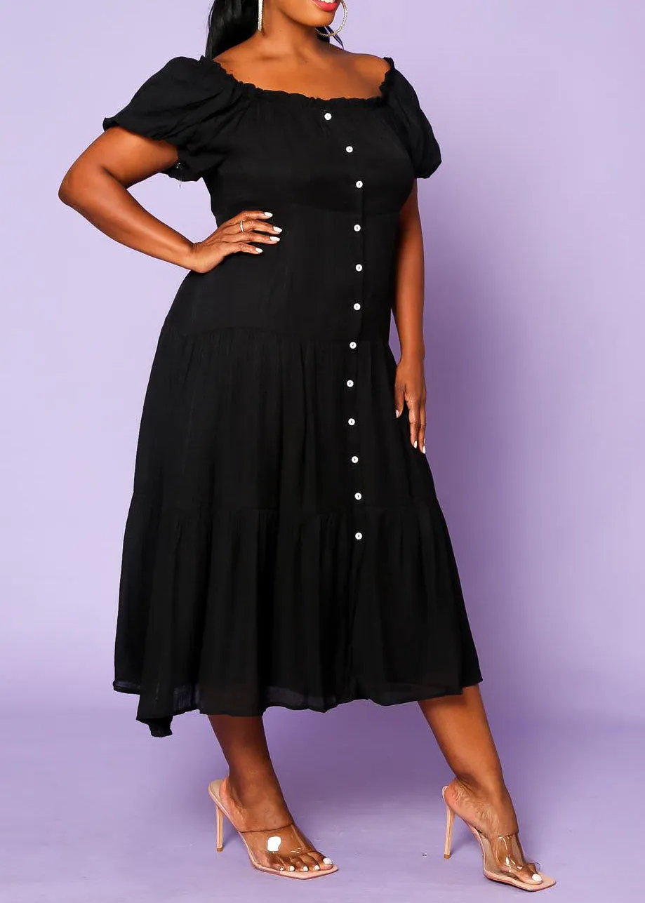 Hi Curvy Plus Size Women Off the Shoulder Button Down Flare Dress