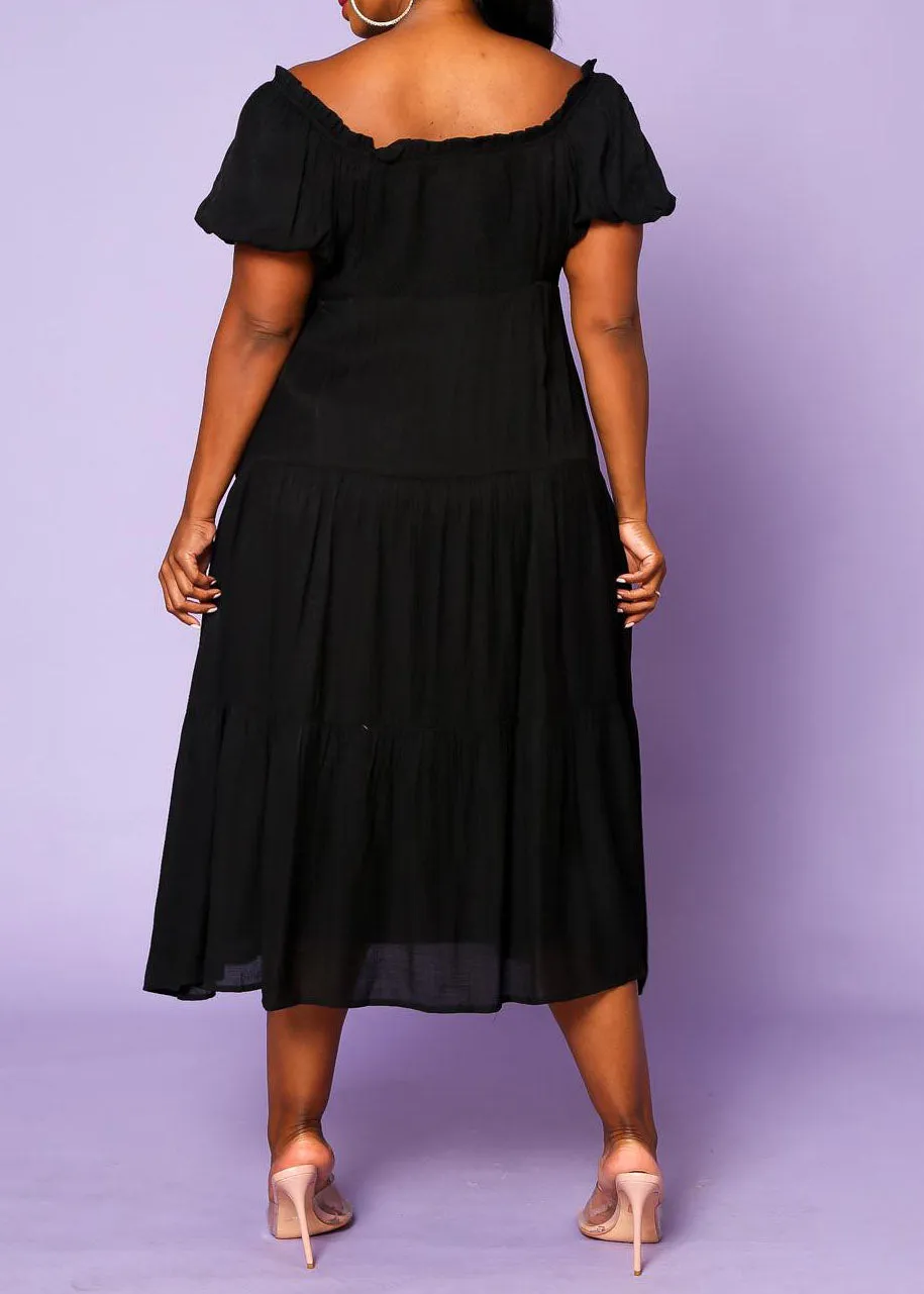 Hi Curvy Plus Size Women Off the Shoulder Button Down Flare Dress