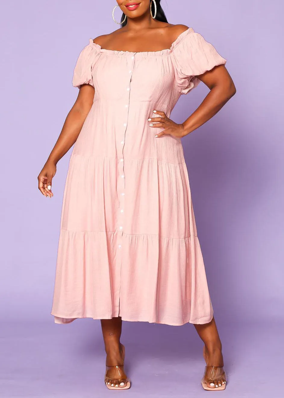 Hi Curvy Plus Size Women Off the Shoulder Button Down Flare Dress