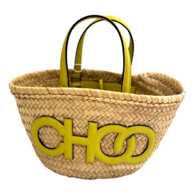 Jimmy Choo Logo Crossbody Tote Bag Natural Raffia Citron Yellow Trim