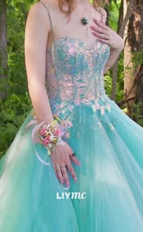 LP1897 - Sweetheart Spaghetti Straps Appliques Tulle Lace Long Prom Dress, Green Formal Dress