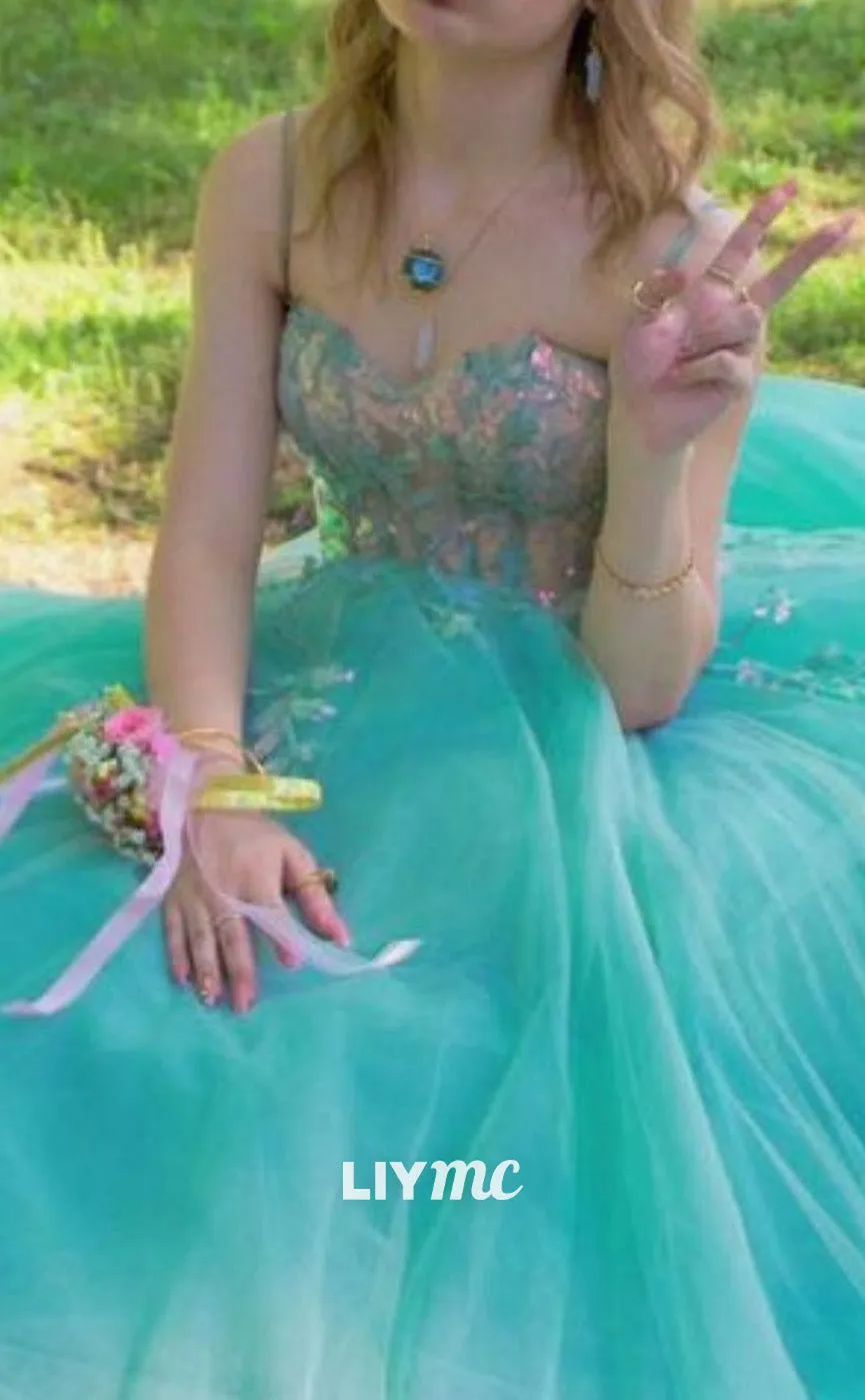 LP1897 - Sweetheart Spaghetti Straps Appliques Tulle Lace Long Prom Dress, Green Formal Dress