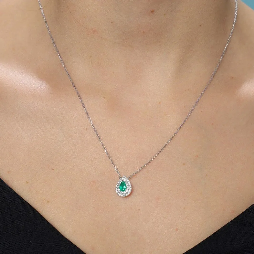 Pear Shape Emerald With Double Diamond Halo Necklace (0.63 ct.) in 18K Gold