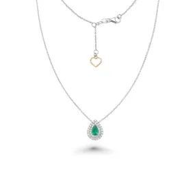 Pear Shape Emerald With Double Diamond Halo Necklace (0.63 ct.) in 18K Gold